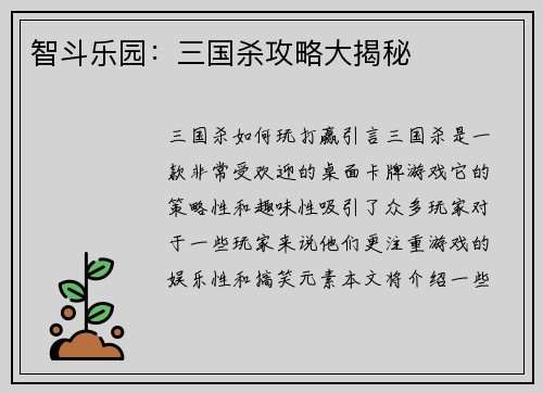 智斗乐园：三国杀攻略大揭秘